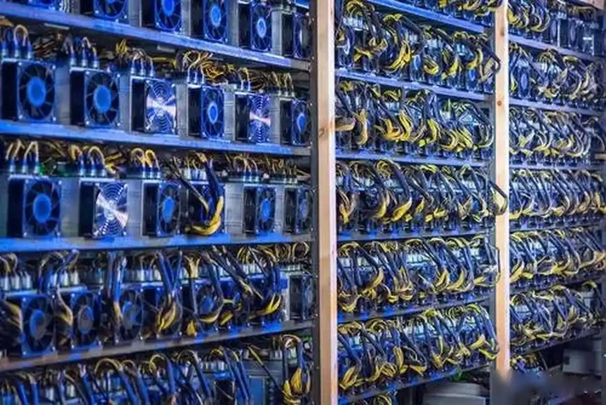 Cryptocurrency mining farm operation showing multiple mining rigs in action